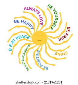 Sun Circle With Positive Life Motto Messages Vector Illustration.