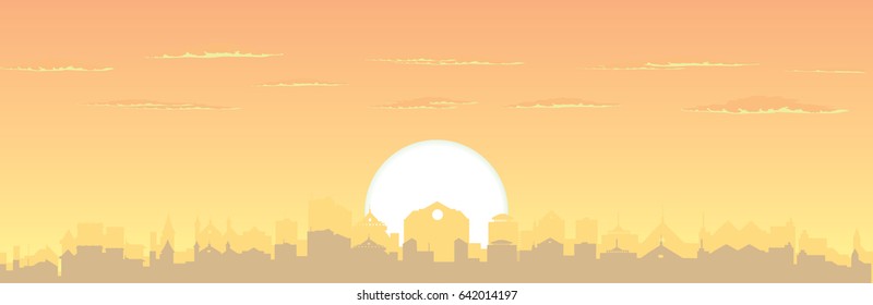 Sun, city silhouette, clouds and sunset sky
vector cityscape illustration