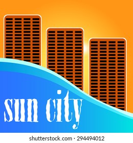 Sun city. Sunset cityscape. Vector illustration.