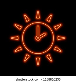 Sun with clock arrows neon sign. Bright glowing symbol on a black background. Neon style icon. 