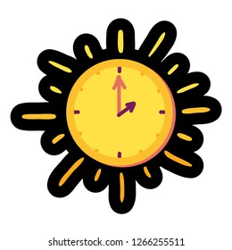 Sun clock flat color illustration. Time management. Watch with lights hand drawn design element