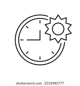 Sun And Clock Line Icon, Time Of Day For Daily Routine and Optimal Health Regimen. Nutrition And Fitness Apps. Isolated Vector Illustration.