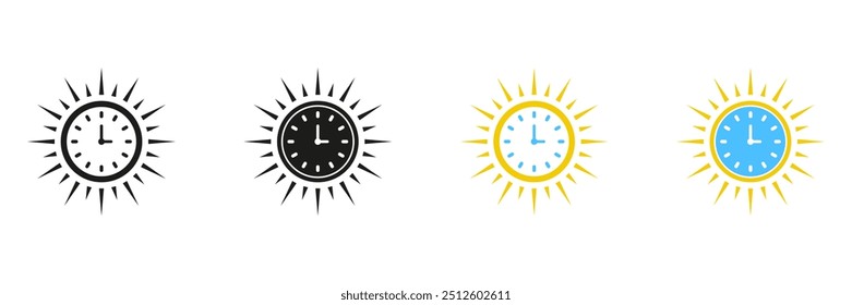 Sun Clock Pictogram. Summer Time Icon. Morning Sunshine, Summertime Alarm Symbol. Sunrise and Sunset Hours Sign. Isolated Vector Illustration.