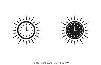 Sun Clock Pictogram. Summer Time Icon. Sunrise and Sunset Hours Sign. Isolated Vector Illustration.