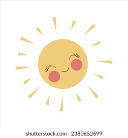 El sol con los ojos cerrados, sonriendo. Vector de bebé de dibujos animados