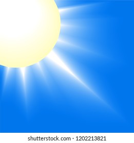 Sun close-up view. Cropped sun on blue sky shining with white sharp rays. Vector illustration