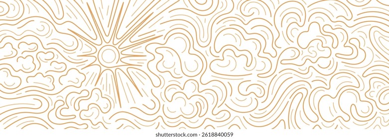 Sun, cloud backdrop. Chinese line art simple pattern. Bohemian minimalist sunrise. Abstract aesthetic illustration. Vector golden graphic print. Clean energy. Editable stroke