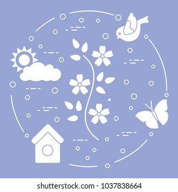 Sun, cloud, bird, flower, butterfly, birdhouse. Spring theme. Template for design, print.