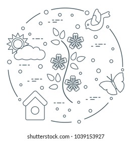 Sun, cloud, bird, flower, butterfly, birdhouse. Spring theme. Template for design, print.