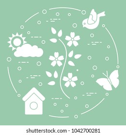 Sun, cloud, bird, flower, butterfly, birdhouse. Spring theme. Template for design, print.