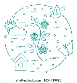 Sun, cloud, bird, flower, butterfly, birdhouse. Spring theme. Template for design, print.