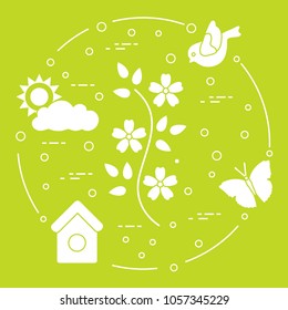 Sun, cloud, bird, flower, butterfly, birdhouse. Spring theme. Template for design, print.