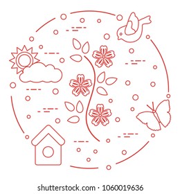 Sun, cloud, bird, flower, butterfly, birdhouse. Spring theme. Template for design, print.