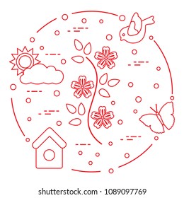 Sun, cloud, bird, flower, butterfly, birdhouse. Spring theme. Template for design, print.