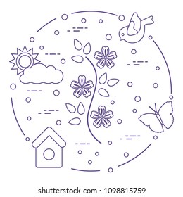 Sun, cloud, bird, flower, butterfly, birdhouse. Spring theme. Template for design, print.