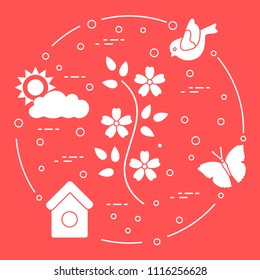 Sun, cloud, bird, flower, butterfly, birdhouse. Spring theme. Template for design, print.