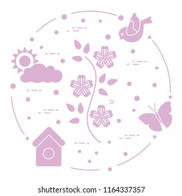Sun, cloud, bird, flower, butterfly, birdhouse. Spring theme. Template for design, print.