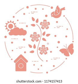 Sun, cloud, bird, flower, butterfly, birdhouse. Spring theme. Template for design, print.