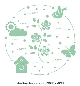Sun, cloud, bird, flower, butterfly, birdhouse. Spring theme. Template for design, print.