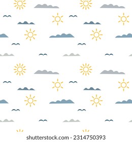 Sun cloud and bird on white background seamless pattern. Vector illustration.