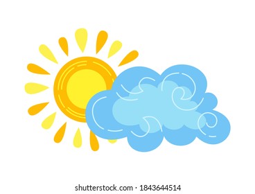 Sun with cloud cartoon style. Abstract flat sun colors hand drawn symbol. Cute bright nature weather element. Meteorological infographics for print, card, fabric. Isolated vector
