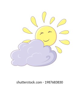 The sun with a cloud in a cartoon style with a stroke isolated on a white background. Sunny summer weather icon. Vector illustration