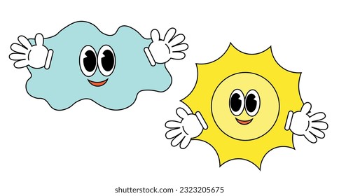Sun and cloud. Character in Groovy cartoon style in color