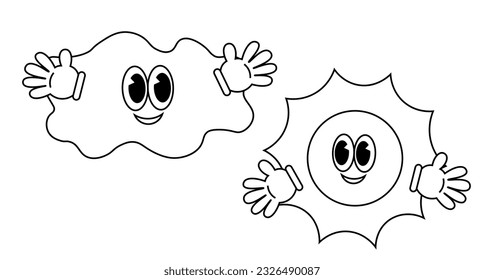 Sun and cloud. Character in Groovy cartoon style in black and white