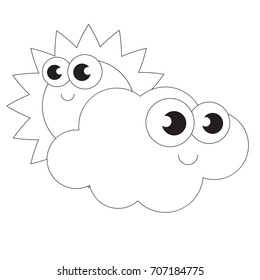 Sun and Cloud - cloudy weather cartoon. Colorless outlined illustration with thin line black stroke, the coloring book.