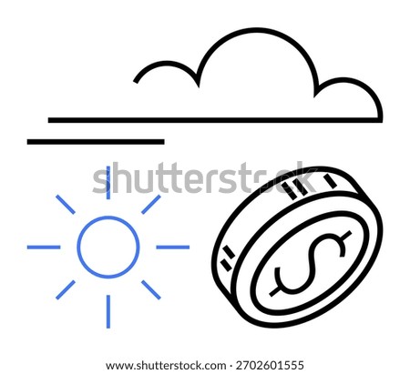 Sun, cloud, and coin together. Ideal for financial growth, economy, weather climate change investment sustainability and economic forecasting. Line metaphor. Line metaphor. Simple line icons