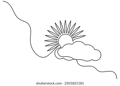 Sun and cloud continuous one line Drawing and sun cloud outline vector  art