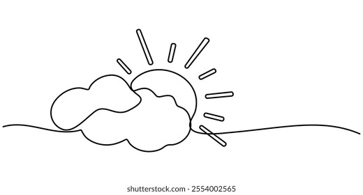 Sun and cloud continuous one line drawing vector illustration. Pro vector, Sun and Clouds Continuous Line Icon, Sunny Weather continuous line drawing with color shapes, One continuous line drawing.