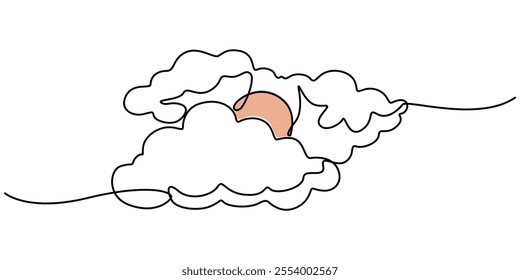 Sun and cloud continuous one line drawing vector illustration. Pro vector, Sun and Clouds Continuous Line Icon, Sunny Weather continuous line drawing with color shapes, One continuous line drawing.