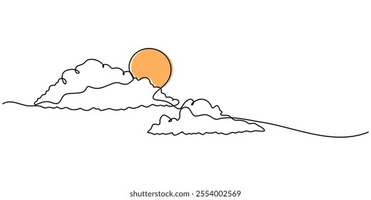 Sun and cloud continuous one line drawing vector illustration. Pro vector, Sun and Clouds Continuous Line Icon, Sunny Weather continuous line drawing with color shapes, One continuous line drawing.