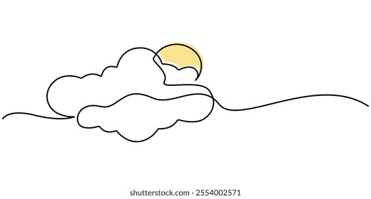 Sun and cloud continuous one line drawing vector illustration. Pro vector, Sun and Clouds Continuous Line Icon, Sunny Weather continuous line drawing with color shapes, One continuous line drawing.