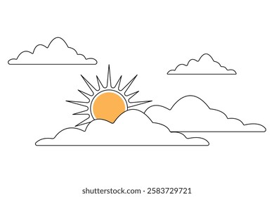 Sun cloud continuous one line art drawing of white background