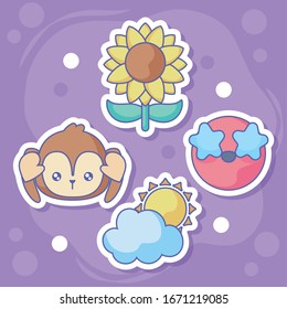 sun and cloud with cute emojis around over purple background, colorful design, vector illustration