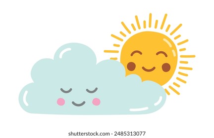 Sol y nube. Lindo sol sonriente y nube aislada sobre fondo blanco. Iconos Ilustración vectorial para el diseño de la guardería, habitación de los niños, tarjeta de felicitación de la ducha del bebé.