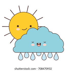 sun and cloud with drops rain colorful kawaii silhouette vector illustration