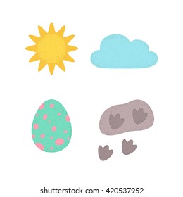 Sun, cloud, egg and footprints of dinosaur. Vector illustration. For decals or kids party decor.