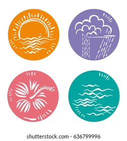Sun, cloud, flower, sea. Four summer icons. Simple symbols nature. Vector flat template.