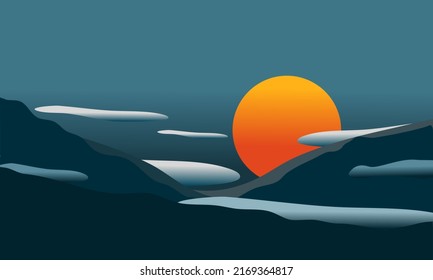 Sun with cloud, fog and hill in sunset sky scene for wall decoration, postcard or brochure, cover design, stories, social media, app design.