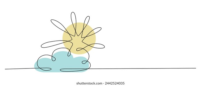 Sun and cloud - hand drawing one single continuous line banner. Vector stock illustration isolated on white background for design template weather forecast, travel blog. Editable stroke. EPS10