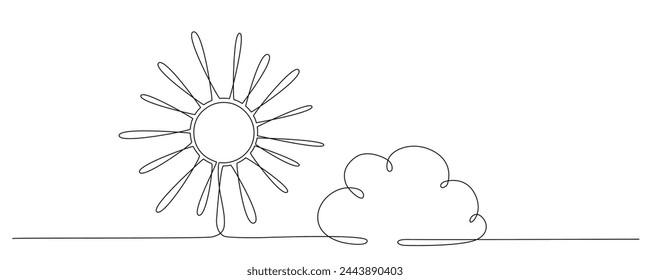 Sun and cloud - hand drawing one single continuous line banner. Vector stock illustration isolated on white background for design template weather forecast, travel blog. Editable stroke. EPS10