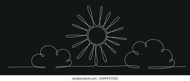 Sun and cloud - hand drawing one single continuous line banner. Vector stock illustration isolated on black background for design template weather forecast, travel blog. Editable stroke. EPS10