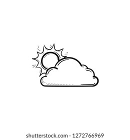 Sol con icono del doodle dibujado a mano en la nube. pronóstico del tiempo, sol y naturaleza, concepto matutino. Ilustración vectorial para impresión, web, móvil e infografía sobre fondo blanco.