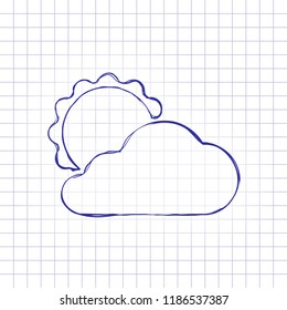 sun and cloud. Hand drawn picture on paper sheet. Blue ink, outline sketch style. Doodle on checkered background