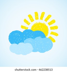 Sun and cloud. Hand painted with oil pastel crayons. Weather forecast, summertime, climate, meteorology concept. Graphic design element for poster, greeting card, scrapbooking, children book