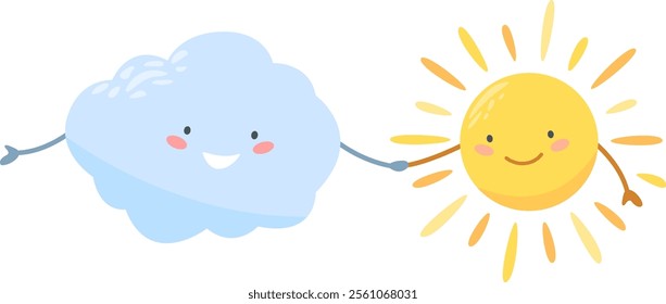 Sun and cloud holding hands and smiling, representing good weather and positive atmosphere, perfect illustration for children books or weather forecast