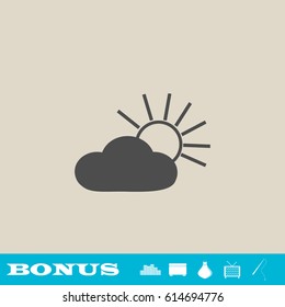 Sun cloud icon flat. Grey pictogram on light background. Vector illustration symbol and bonus button real estate, ottoman, vase, tv, fishing rod